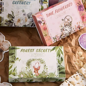 40 plastic stickers. Illustratie met aquareleffect. Bladeren, planten. Dromerig. Bos