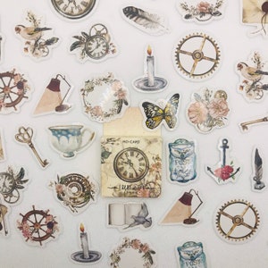 Objetos de escritório vintage, retrô, pássaros, adesivos de flores