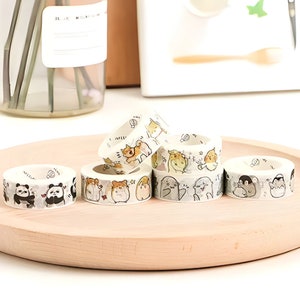 Cartoon, kawaii dieren washi tape, masking tape. Wasbeer, gele vogel, Shiba hond, hamster