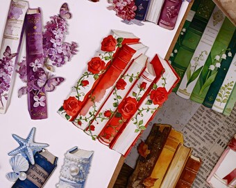 16 paper stickers. Book spine.Seashells. Fall. Mushroom. Roses. Lily of the valley. Lavender. Lily. Stationery. Scrapbooking