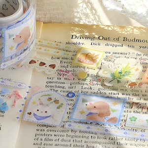 6 designs. PET tape. Kawaii. Cartoon. Animals. Drawings. Cat. Rabbit. Flowers. Frames. Birds. Fox. Raccoon. Mouse. Puppy. Dog