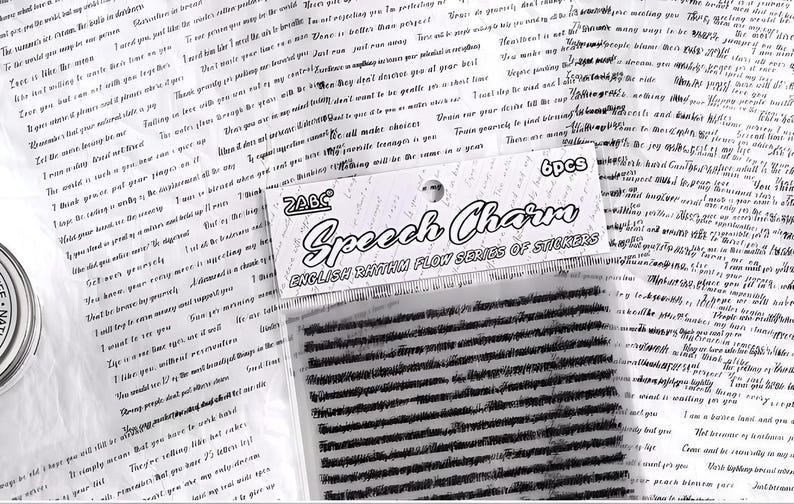 May include: A white package with black text that reads "ZABC Speech Charm English Rhythm Flow Series of Stickers" and a black and white sticker sheet with a repeating pattern of black lines.