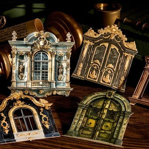 10 adesivos de papel cartão em relevo. Portões. Porta principal do palácio. Porta de entrada. Retrô. Papelaria. Scrapbooking.
