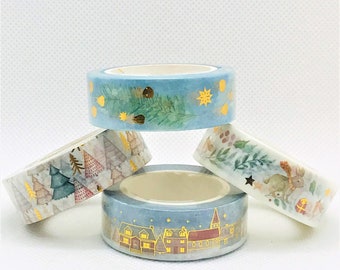 5 designs. Christmas, washi tape, masking tape. Gold foil. Christmas trees. Mistletoe. Snow village. Bird.