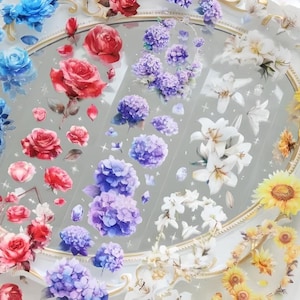 1 rol, mat, PET-tape. Bloemen. Sakura. Kersenbloesems. Hortensia. Zonnebloemen. Rozen.