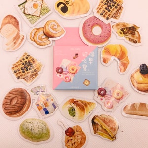 set of yummy breakfast items stickers for journal, scrapbooking, crafts, cards. Bakery items like bread, croissants, and more