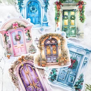 5 naklejek washi. Boże Narodzenie. Święta. Drzwi wejściowe. Dekoracja. Śnieg. Płatek śniegu. Blask. Kolaż. Scrapbooking. Dom.
