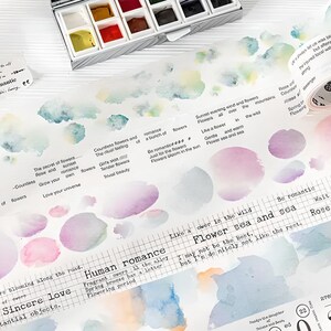 2 Stück Wasserfarben, Washi Tapes, Wörter und Wasserfarben. Gedichte. Aquarell Spritzer. Handschrift. Schreibschrift