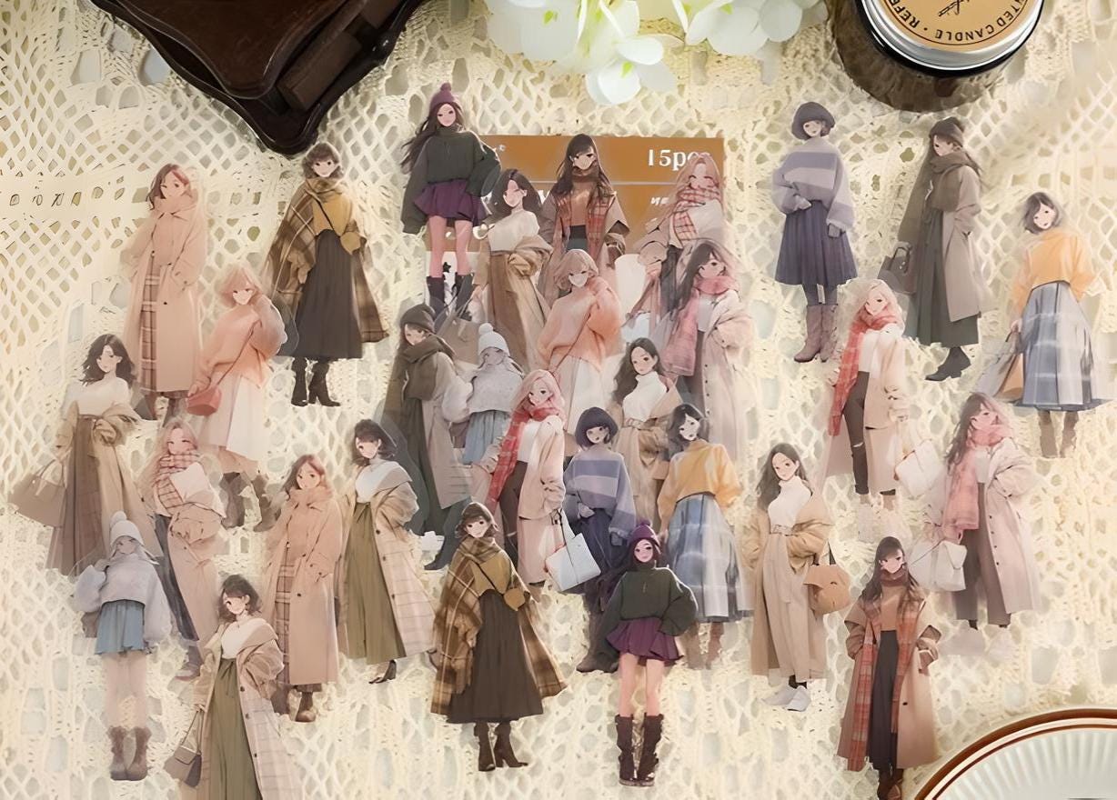 15 PET stickers. Anime girls. Fashion. Clothes. Outfits. Winter clothes. Summer clothes.