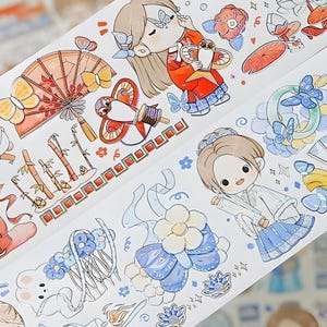 1 roll. Cartoon. Kawaii. Girl. Foodie. Japanese food. Traditional Asian. Washi tape