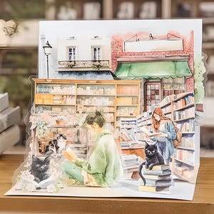 15 adesivos PET. Rato de biblioteca. Gato de livraria. Gato. Livros. Estante de livros. Garota. Cara. Leitura.