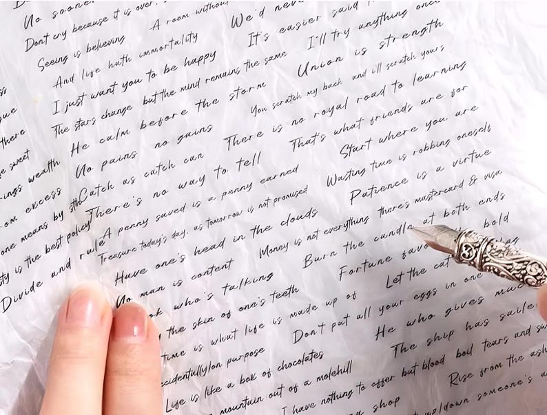 May include: A close-up of a handwritten note on a white background with a silver pen. The note contains inspirational quotes and sayings about life, happiness, and success. The text includes phrases like "Seeing is believing", "There is no royal road to learning", and "Patience is a virtue".