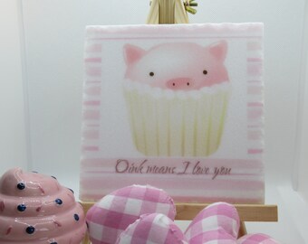 pink pig cupcake painting and watercolor background printed on marble trivet pot holder display home decor with easel