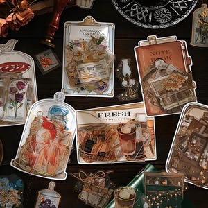 1 unidade, 15 PVC, folha de ouro, adesivos. Adesivos retrô e decorativos. Botânico, cogumelos, boticário, artista, água-viva, carpa, cartas, livros