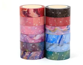 Silver foil, washi tape. Marble. Marmorized. Stars. Watercolor stains