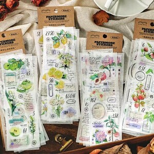 6 folhas, pré-cortadas, retrô, ilustrações, livros, desenhos, adesivos washi. Limões. Lírio. hortênsia. Maçã verde. Pêssego. Morango.