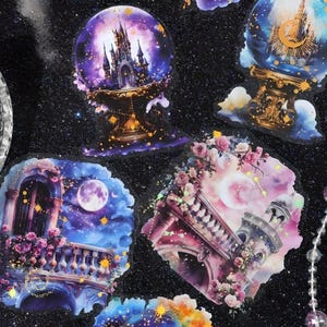12 folhas de ouro, adesivos PET. Fantasia. Bola de cristal. Noite estrelada. Janelas. Varanda romântica