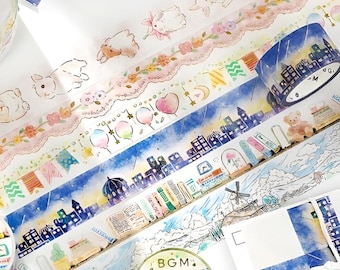 BGM. Japanese washi tape. Gold foil. Spring. Bunny. Rabbit. Starry night. City. Church dome. Garland. Party. Bookshelf. Books.
