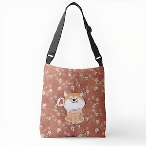 Crossbody canvas bag. Kawaii. Shiba dog and piggy doll. Japanese floral pattern