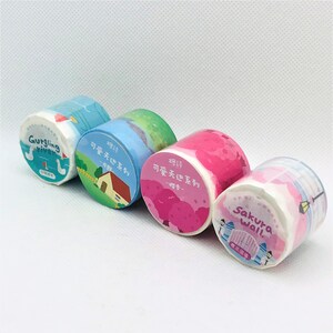 1 rol, gestanst, golvende rand, kawaii, cartoon, washi tape. Sakura, kersenbloesems. eenden.
