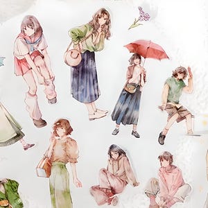 切りっぱなしの和紙テープ。アニメの女の子。日本の女の子。日常生活。ライフスタイル。猫娘。音楽。学生。ステッカー