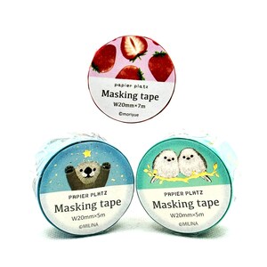 Papier Platz. Japans. Afplakband. Washi tape. Otter. Gouden folie. Aardbei. vogels. Mees met lange staart