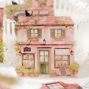 30 PET-stickers. Huizen. Winkels. Bomen en planten. Zwarte kat. Restaurants. Café. Briefpapier. Scrapbooken