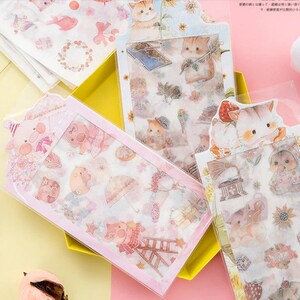 1 sobre, 4 hojas, papel de aluminio, pegatinas de papel washi. Kawaii. Dibujos animados. Hámster. Cerdo. Dinosaurio