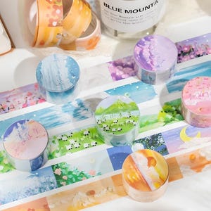1 Stück, helle, Ölbilder, Washi Tapes. Ozean, grüne Wiese, Gras, Schafe, Sonnenuntergang, Kirschblüte