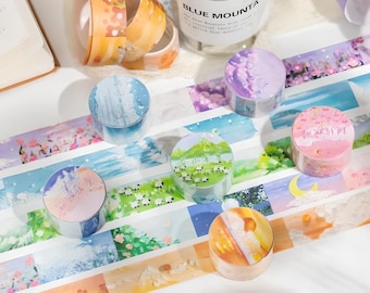 1pcs, bright, oil paintings, washi tapes. Ocean, green field, grass, sheep, sunset, cherry blossom