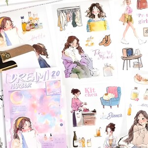 20ページの小冊子。ステッカー付き小冊子。アニメの女の子。日常生活。オフィス。スポーツ。ヨガ。夏休み。猫。ロマンチック。ムード