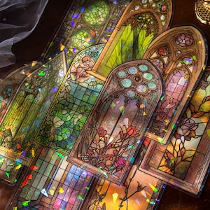 10 gold foil, Gothic windows, stickers. Textured. Stained glass.