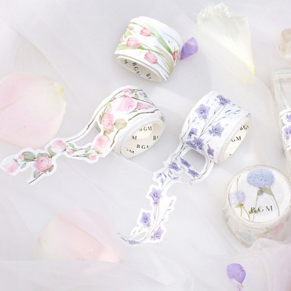 BGM, lace tape, die cut tape. Flowers. Tulip. Poppy. Bell flower. Hydrangea.