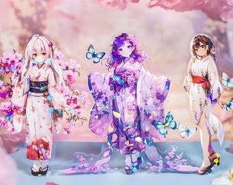 5 pegatinas de mascotas. Chicas de anime. Chicas de manga. Kimono japonés. Sakura. Loto.