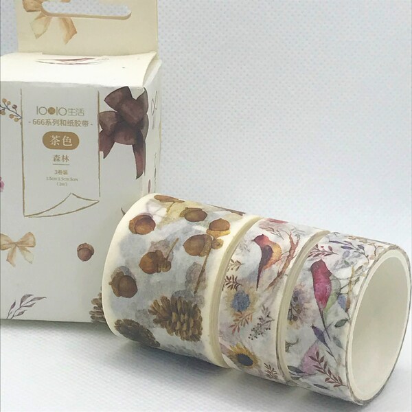3pcs set fall, autumn washi tape, masking tape. Cardinal birds, acorns, pinecone
