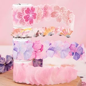 Rolka naklejek z papieru washi. Kwiaty. Japoński wachlarz. Zawilec. Fiolet. Sakura