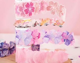 Washi paper sticker roll. Flowers. Japanese fan. Anemone. Violet. Sakura
