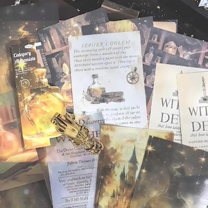 May include: A collection of vintage-style paper ephemera with a witchy theme. The papers feature illustrations of potions, golems, and witches and devils. The text on the papers includes "Sepher's Golem", "Witches and Devils", and "Category Mehemists".