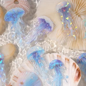 20 PET stickers. Silver foil. Faceted. Marine life. Seashells. Jellyfish. Ocean. Whale.
