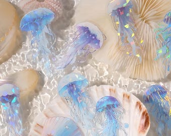 20 PET stickers. Silver foil. Faceted. Marine life. Seashells. Jellyfish. Ocean. Whale.