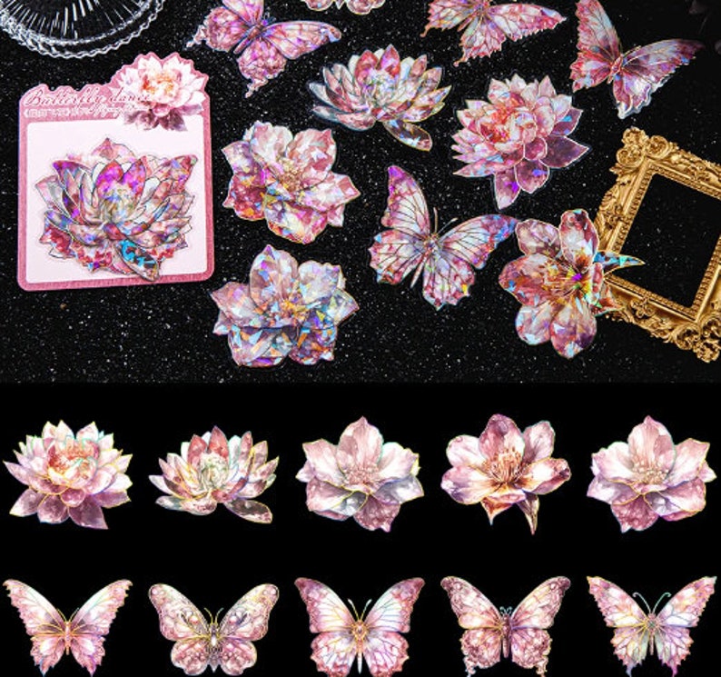 10 Gold Foil, Faceted Stickers. Flowers. Butterfly. Anemone. Emerald