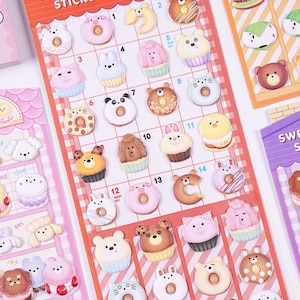 1 envelop, 24, kawaii, cartoon, 3D, gezwollen stickers. Dieren en voedsel. Bullet journaal