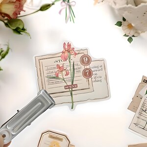 30 stickers rétro, vintage, botaniques, fleurs, notes manuscrites, agenda, papier washi.