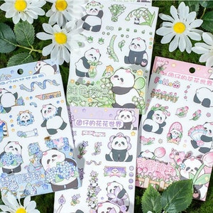 4 Bogen, vorgestanzte, transparente Sticker aus Kunststoff. Zeichentrick, kawaii. Panda. Hortensie. Maiglöckchen. Tulpe