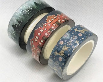 1pcs, Christmas washi tape. Snowy forest. Christmas street lights. Scandinavian style deer