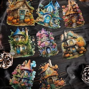 10 adesivos PET. Fantasia. Casas florestais. Casa de cogumelos. Abóbora. Elfos. Dia das Bruxas.
