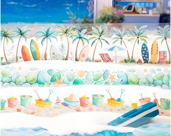 May include: Watercolor washi tape featuring a beach scene with palm trees, surfboards, and beach toys. The tape has a light blue ocean wave design at the bottom and a blue and white tape cutter.
