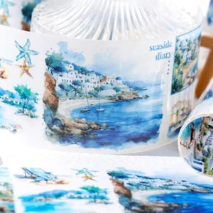 6 ontwerpen. Aquarellandschap. Vakantie. Vakantie. Europa. Oceaan. Griekenland. Zomer.