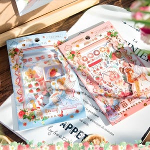 1 enveloppe, 4 feuilles, kawaii, feuille d'or, papier cartonné, stickers fraises. papeterie
