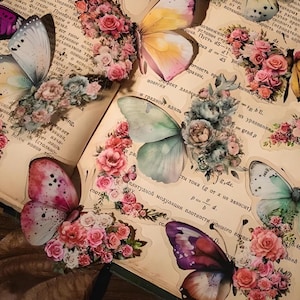 30 autocollants mats en PET. Romantique. Fantaisie. Papillon. Lune. Fleurs.